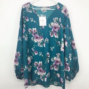 Belongsci Teal Pink Floral Print V Neck Spring Blouse NEW